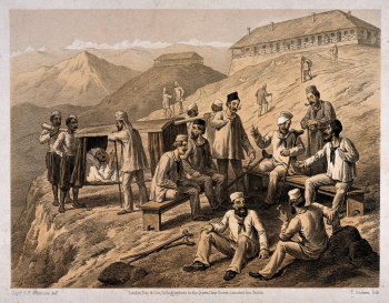 Томас Ашбертон Пикен. Раненые солдаты на лечении в Дугшае, Пакистан. 1859. Коллекция Уэллкомм.