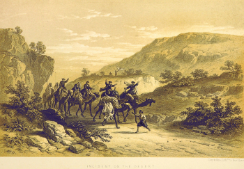 Неизвестный художник. Инцидент в пустыне. Бумага, офорт. 1863. Британская национальная библиотека.