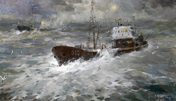 Пясковский Михаил Григорьевич. Атлантика. На крутой волне. Холст, масло. 58х101. 2009. Музей Мирового океана.