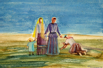 Басманов Павел Иванович. Прогулка. Бумага, акварель, гуашь. 10,3х15,1. 20 век. Томский областной художественный музей.