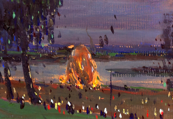 Фильберт Вячеслав Алексеевич. Пионерский костёр на Колокше. Картон, масло. 14х20. 1958. Центр пропаганды изобразительного искусства (Владимир).