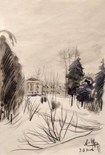 Щусев Алексей Викторович. Зарисовка зимнего пейзажа. Бумага, карандаш, акварель. 27,7х18,7. 1948. Государственный научно-исследовательский музей архитектуры имени А.В.Щусева.