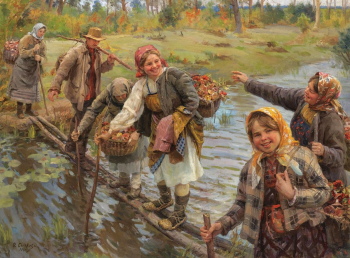 Сычков Федот Васильевич. Трудный переход через реку. Холст, масло. 74х101. 1934. Частное собрание.
