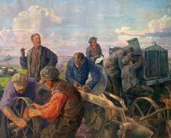 Рыбаков Алексей Сергеевич. Ремонт и сборка сельскохозяйственных машин в колхозе к посевной компании. Холст, масло. 115х147. 1939. Государственный центральный музей современной истории России.