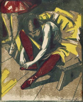 Колесников Сергей Михайлович. Балерина на банкетке. Бумага, линогравюра. 17х14. 1923. Государственный музей изобразительных искусств имени А.С.Пушкина.