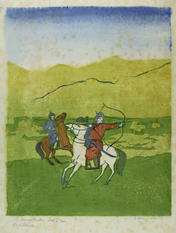 Колесников Сергей Михайлович. Два стрелка. Бумага, линогравюра. 42х28,2. 1922. Государственный музей изобразительных искусств имени А.С.Пушкина.