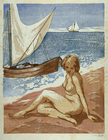 Колесников Сергей Михайлович. На пляже. Бумага, линогравюра. 45,3х34,2. 1924-1927. Государственный музей изобразительных искусств имени А.С.Пушкина.