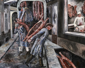 Нестерова Наталья Игоревна. Разгружают мясо. Холст, масло. 79х99. 1982. Саратовский государственный художественный музей имени А.Н.Радищева.