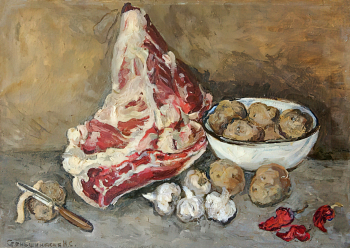 Стеньшинская Нина Сергеевна. Мясо и картофель. Холст, масло. 50х70. 1969. Музей изобразительных искусств Кузбасса.