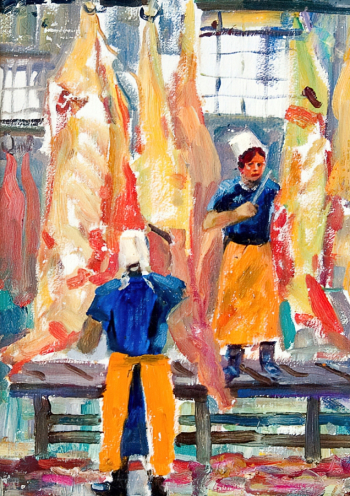 Шегедин Владимир Александрович. На мясокомбинате. Оргалит, масло. 46х33. 1960-е. Ставропольский краевой музей изобразительных искусств.