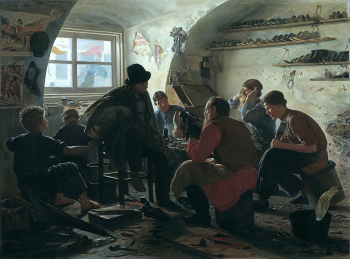 Башилов Яков Степанович. В мастерской сапожника. Холст, масло. 85х115. 1871. Государственная Третьяковская галерея.