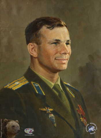 Мальцев Пётр Тарасович. Портрет первого космонавта Земли Юрия Алексеевича Гагарина. Холст, масло. 75х55. 1961. Частное собрание.