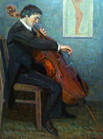 Огибенин Леонид Николаевич. Виолончелист. Холст, масло. 121х90. 1980-1985. Новосибирский государственный художественный музей.