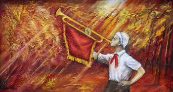 Аликов Александр Савкузович. Утро пионерское. Холст, масло. 30х55. 2013. Музей русского лубка и наивного искусства.