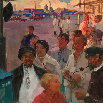 Зайцев Юрий Антонович. Колхозники слушают радио. Холст, масло. 110х110. 1935. Чувашский государственный художественный музей.