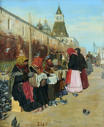 Грандковский Николай Карлович. Корм голубей в Китай-городе. Доска, масло. 27х22. 1892. Саратовский государственный художественный музей имени А.Н.Радищева.