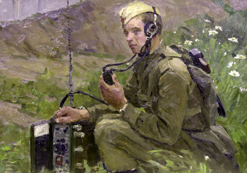 Жигимонт Пётр Иванович. Радист Фомин А.А. Картон, масло. 50х70. 1970. Музей-диорама `Курская битва. Белгородское направление`.