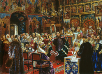 Милорадович Сергей Дмитриевич. Суд над патриархом Никоном. Холст на фанере, масло. 49х67. Государственный музей истории религии.