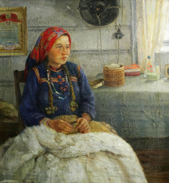 Конев Иван Михайлович. Девушка-ханты у радиорепродуктора. Холст, масло. 74х71. 1950-е. Музей Природы и Человека (Ханты-Мансийск).