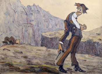 Стражев Александр Иванович. Дуэль. Бумага, акварель, гуашь. 25,5х34,5. 1912. Звенигородский историко-архитектурный и художественный музей.