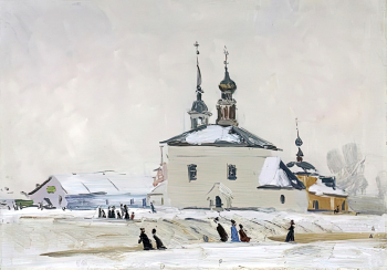 Цыплаков Виктор Григорьевич. Площадь в Суздале. Холст на картоне, масло. 49,5х69,5. 20 век. Дальневосточный художественный музей.