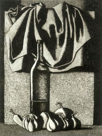 Коротков Николай Николаевич. Бутылка и чеснок. Бумага, акватинта. 31х23,5. 1978. Сургутский художественный музей.