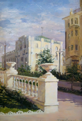 Боровикова Роза Аскольдовна. Вид из театрального сквера Кургана. Картон, масло. 32,5х23. 1958. Курганский областной художественный музей имени Г.А.Травникова.