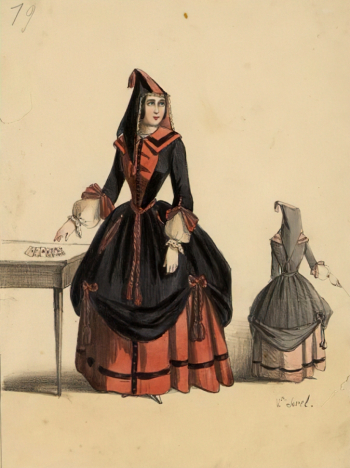 Неизвестный художник. Колдунья. Серия `Bals fashionables de l`Opéra`. Бумага, литография, акварель. 27х18,3. 19 век. Государственный исторический музей.