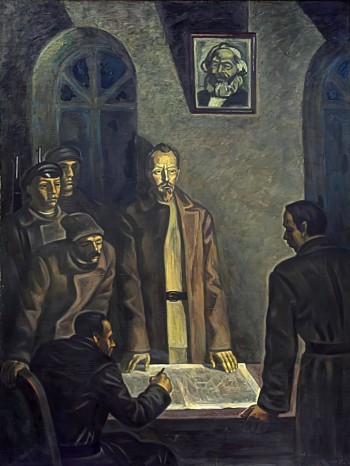 Григорьев Юрий Петрович. Тревожные дни. Дзержинский. Холст, масло. 187х140. 1982. Оренбургский областной музей изобразительных искусств.