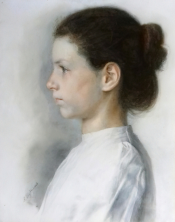 Шурыгин Арсений Николаевич. Женская головка. Бумага, акварель, белила. 24х19. 19 век. Государственный историко-художественный музей `Новый Иерусалим`.