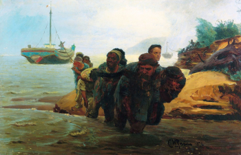 Репин Илья Ефимович. Бурлаки, идущие вброд. Холст, масло. 62х97. 1872. Государственная Третьяковская галерея.