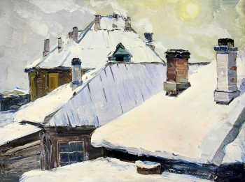Фирер Илья Аронович. Крыши зимой. Картон, масло. 49,5х70. 1965. Красноярский краевой краеведческий музей.