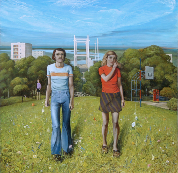 Крыжевский Ян Юлианович. Сырое поле с белыми мальвами. Холст, масло. 200х200. 1974. Башкирский государственный художественный музей имени М.В.Нестерова.
