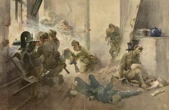 Домащенко Марк Николаевич. Боевой эпизод. Бумага, акварель. 25х38. 1944. Центральный музей Великой Отечественной войны 1941-1945 гг.