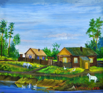 Шломов Михаил Тимофеевич. Деревня. ДВП, масло. 40х43. 1999. Картинная галерея (Усть-Илимск).
