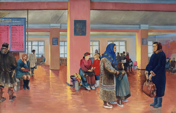 Тебетев Митрофан Алексеевич. Пассажиры. Холст, масло. 51,3х80,3. 1973. Березовский районный краеведческий музей.