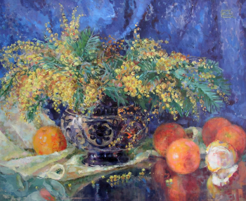 Космина Валентина Степановна. Мимозы. Холст, масло. 49х59. 1950. Удмуртский республиканский музей изобразительных искусств.
