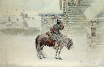 Шестёркин Михаил Иванович. Воин у крыльца. Бумага, акварель. 18х27. 1897. Государственный историко-художественный музей Новый Иерусалим.