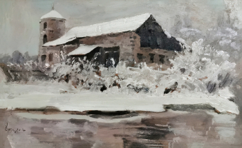 Крылов Иван Иванович. Мельница в снегу. Доска, масло. 18,3х28,8. 1880-е. Ростовский областной музей изобразительных искусств.