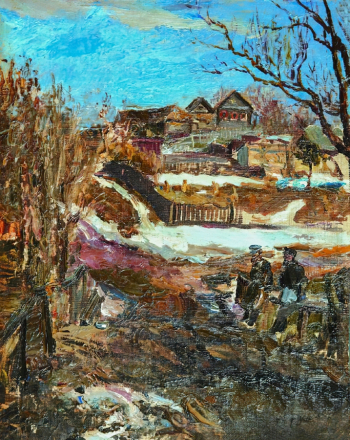 Комаров Василий Иванович. Талый снег. Холст на картоне, масло. 32,5х25,2. 19 век. Государственный мемориальный историко-художественный и природный музей-заповедник В.Д.Поленова.