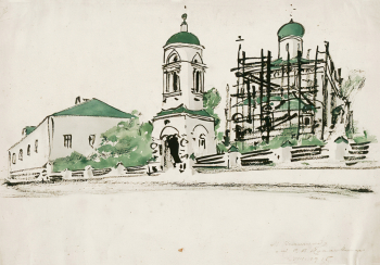 Ноаковский Станислав Владиславович. Мотивы старинной русской архитектуры. Бумага, акварель, тушь. 23,9х34,7. 1915. Ярославский художественный музей.