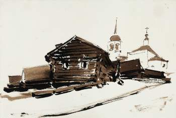 Ноаковский Станислав Владиславович. Пейзаж с церковью. Бумага, тушь, гуашь. 15,5х23,5. 1910-е. Саратовский государственный художественный музей имени А.Н.Радищева.
