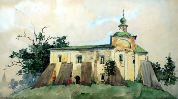 Ноаковский Станислав Владиславович. Церковь. Картон, акварель. 22,5х36,3. 19 век. Ростовский областной музей изобразительных искусств.
