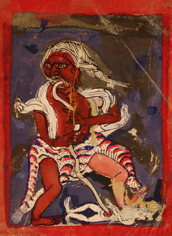 Неизвестный тибетский художник. Тёмный демон пожирает человека. 13,3х9,7. Конец 19 или начало 20 века. Художественный музей Сан-Диего.