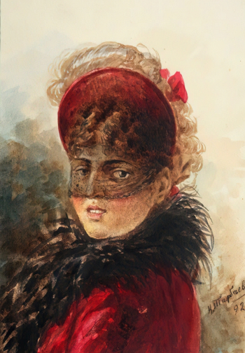 Тарбеев К.К. Незнакомка. Бумага, акварель. 20,4х14,3. 1892. Частное собрание.