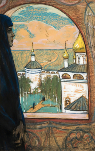 Глазунов Илья Сергеевич. В монастыре. Княжна Тараканова и принцесса Владимирская. Картон, соус, пастель. 98,5х62. 1963. Московская государственная картинная галерея Народного художника СССР Ильи Глазунова.
