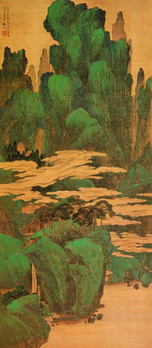 Тани Бунтё. Голубой и зелёный пейзаж. Шёлк, краска. 1807. Частная коллекция.