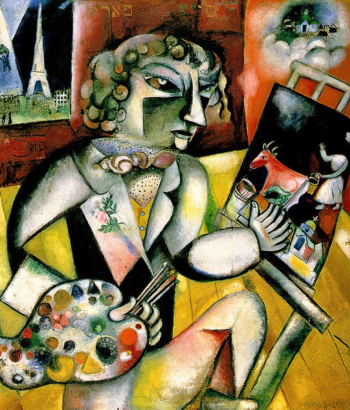 Шагал Марк Захарович. Автопортрет с семью пальцами. Холст, масло. 127х107. 1913. Городской музей (Амстердам).
