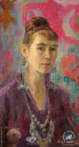 Власова Клара Филипповна. Автопортрет с дагестанскими украшениями. Холст, масло. 75х40. 1974. Собрание семьи художника.