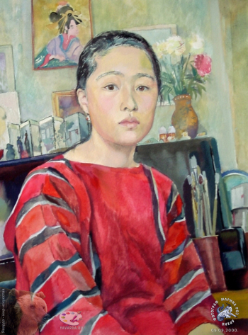 Эвелина Ли. Автопортрет в красном. Бумага, гуашь. 32х25. 1995. Авторское собрание.